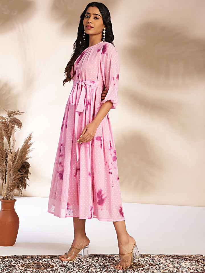 Pink Dobby Georgette Tie-Dye Fit & Flare Dress  - By Janasya