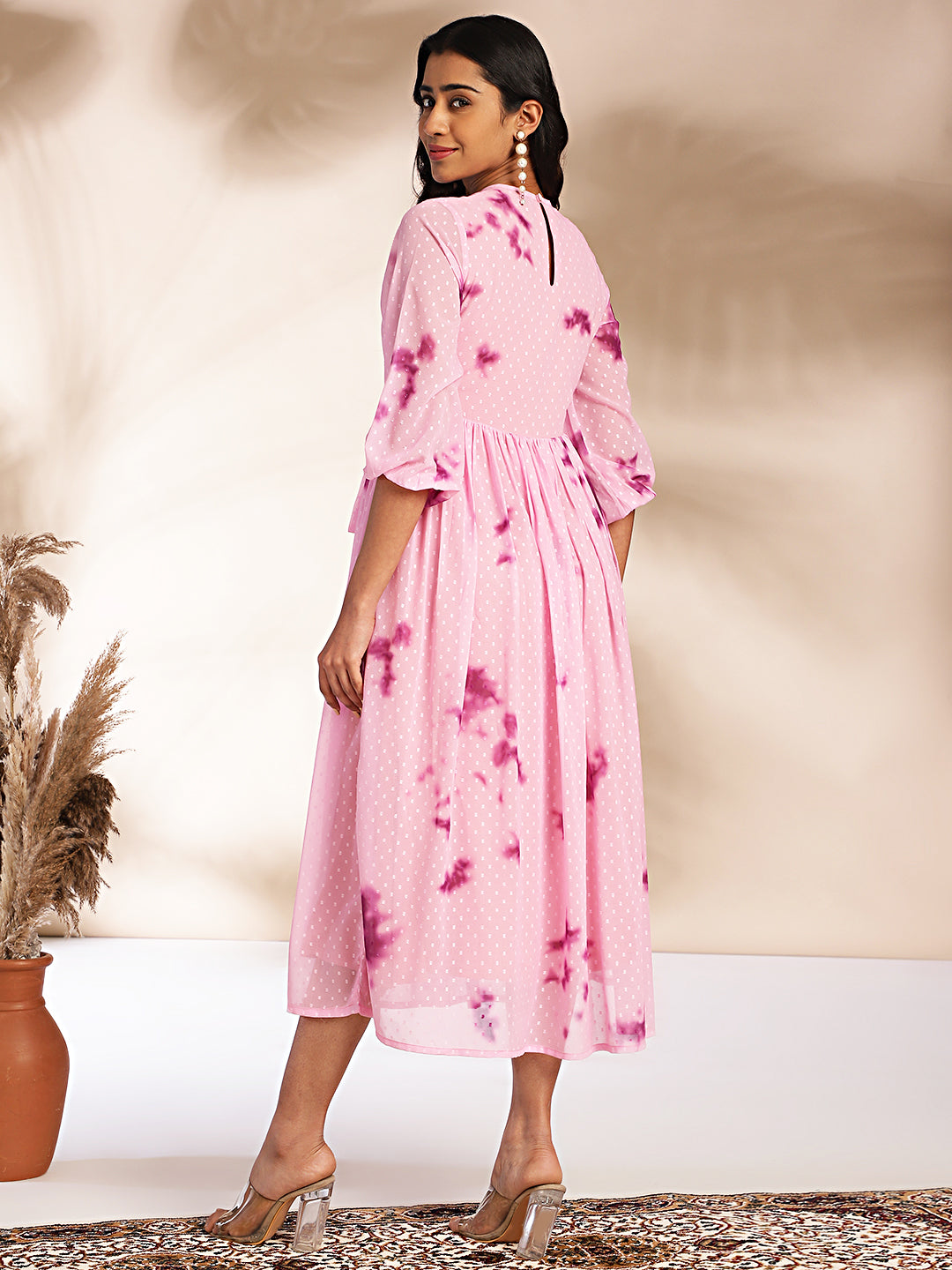 Pink Dobby Georgette Tie-Dye Fit & Flare Dress  - By Janasya