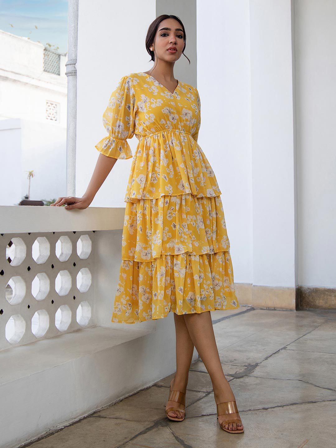 Yellow Georgette Floral Layered Dress  - By Janasya