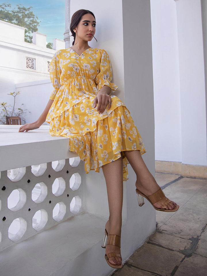 Yellow Georgette Floral Layered Dress  - By Janasya