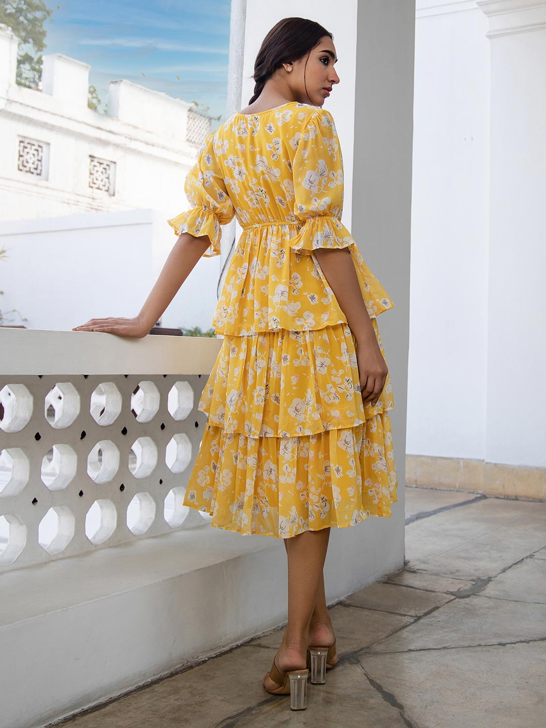 Yellow Georgette Floral Layered Dress  - By Janasya