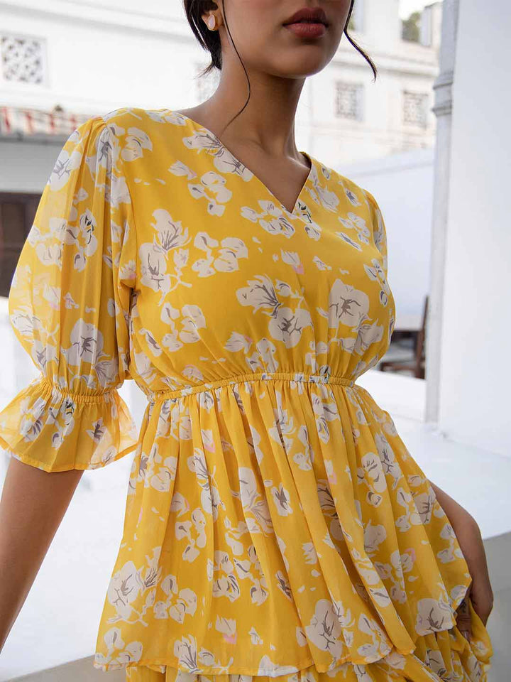 Yellow Georgette Floral Layered Dress  - By Janasya