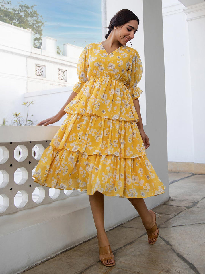 Yellow Georgette Floral Layered Dress  - By Janasya