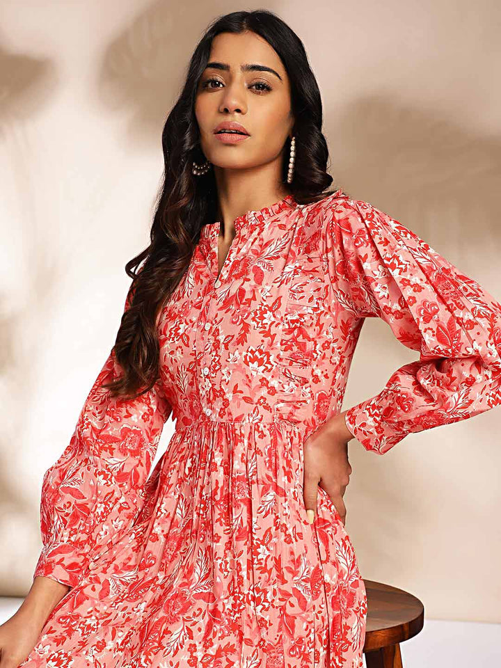 Pink Cotton Floral Fit & Flare Dress  - By Janasya