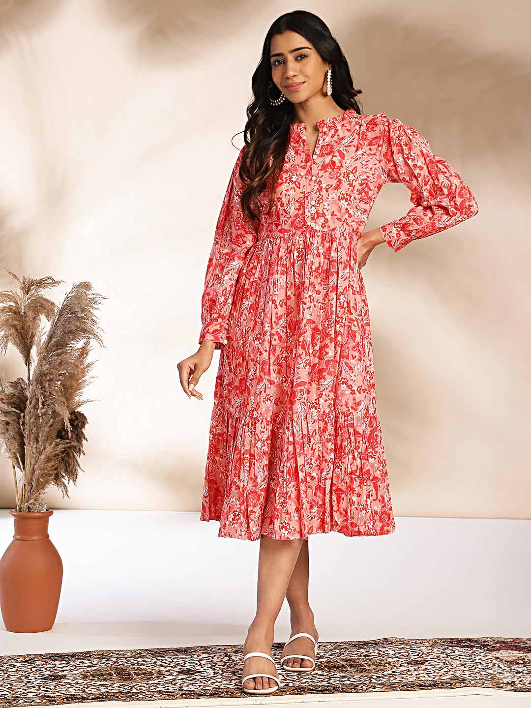 Pink Cotton Floral Fit & Flare Dress  - By Janasya