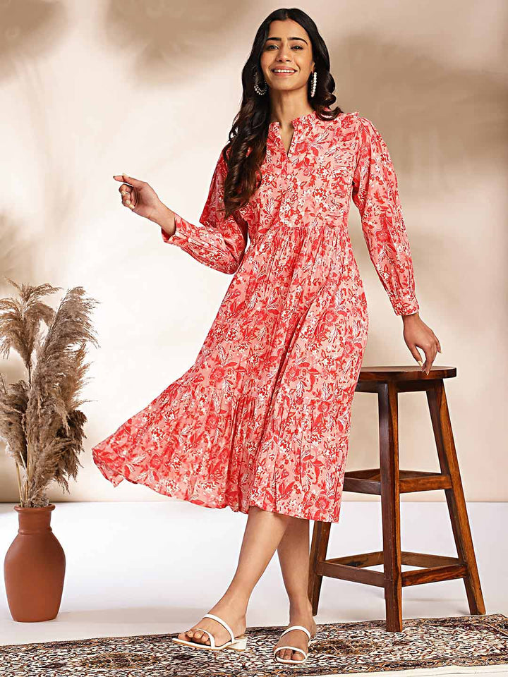 Pink Cotton Floral Fit & Flare Dress  - By Janasya