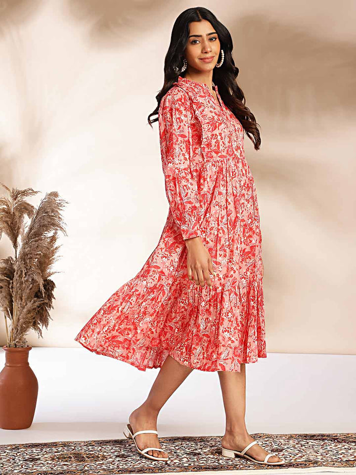 Pink Cotton Floral Fit & Flare Dress  - By Janasya