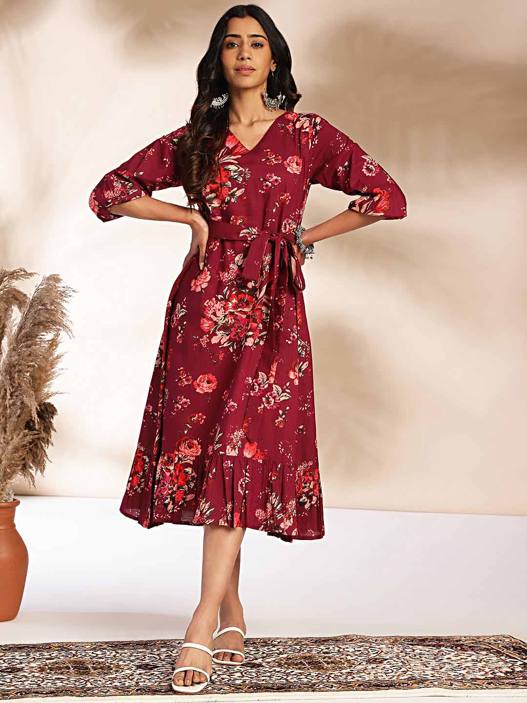 Wine Cotton Floral A-Line Dress  - By Janasya