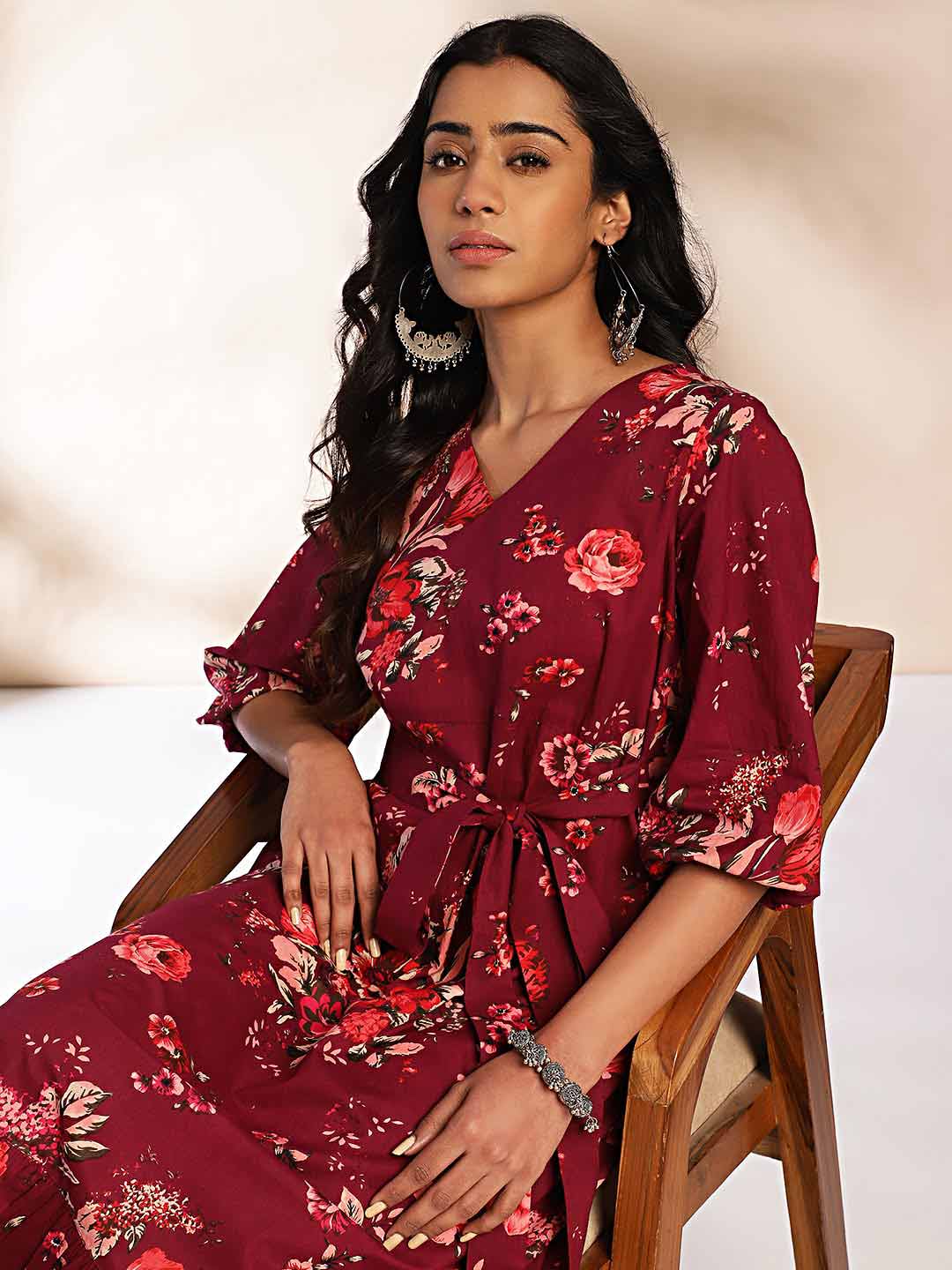 Wine Cotton Floral A-Line Dress  - By Janasya