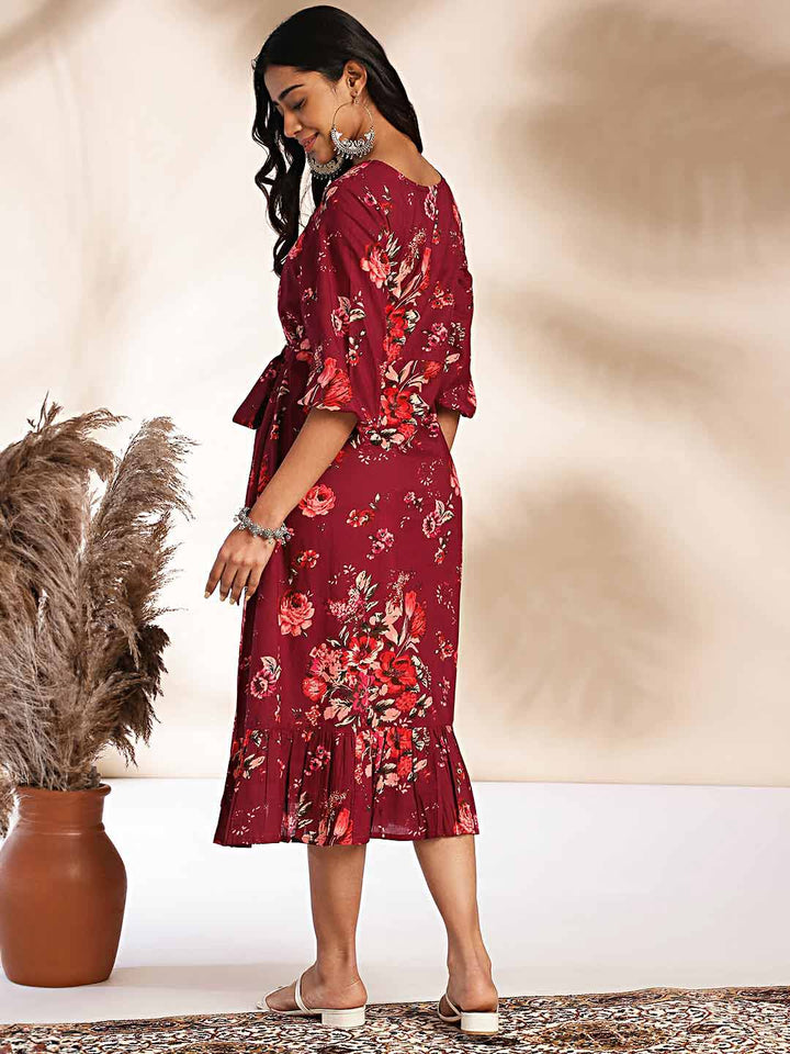 Wine Cotton Floral A-Line Dress  - By Janasya