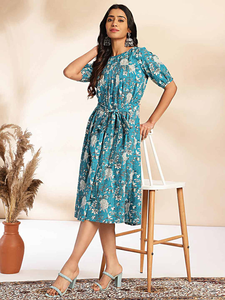 Teal Cotton Floral Empire Dress  - By Janasya