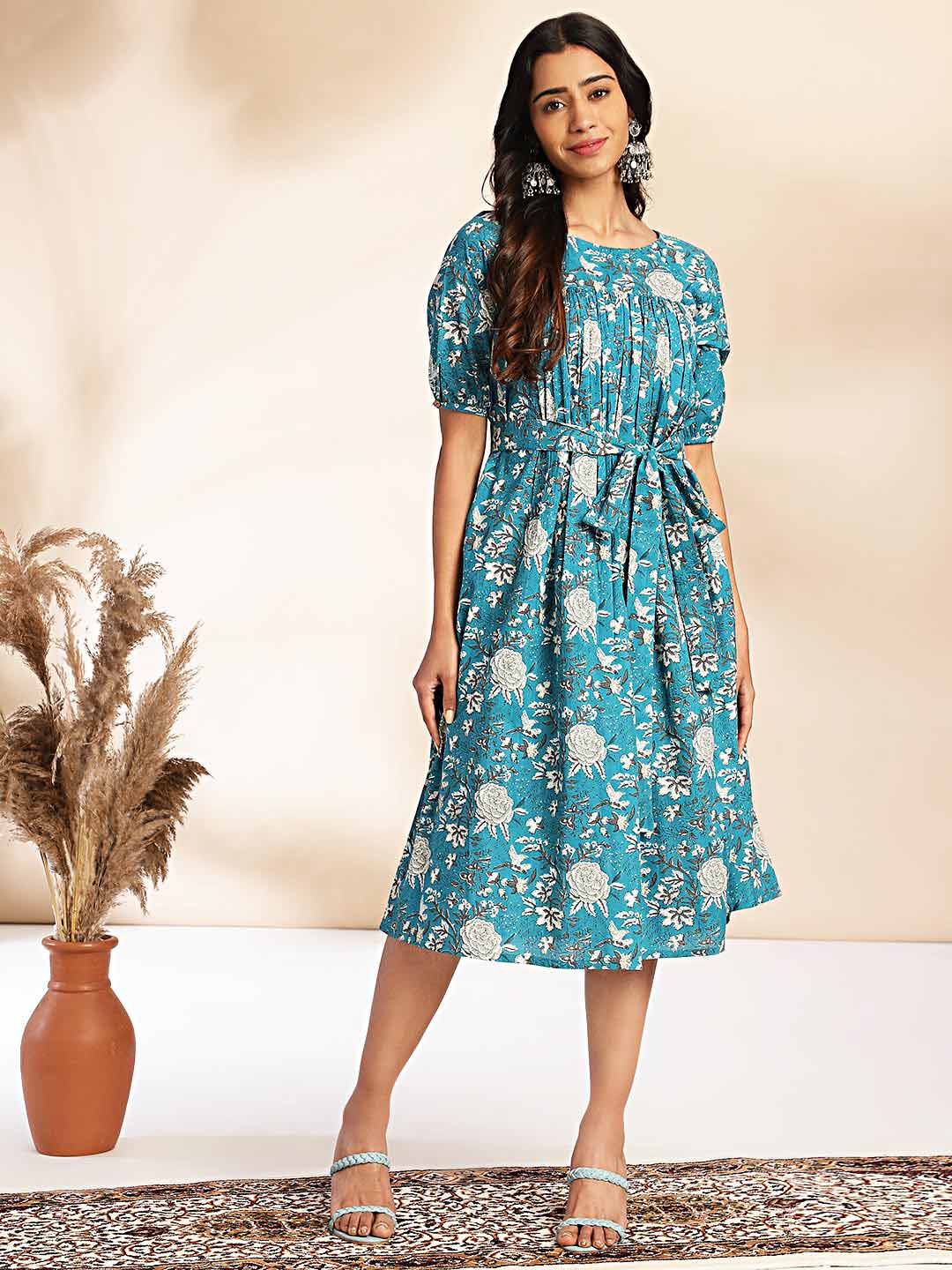 Teal Cotton Floral Empire Dress  - By Janasya