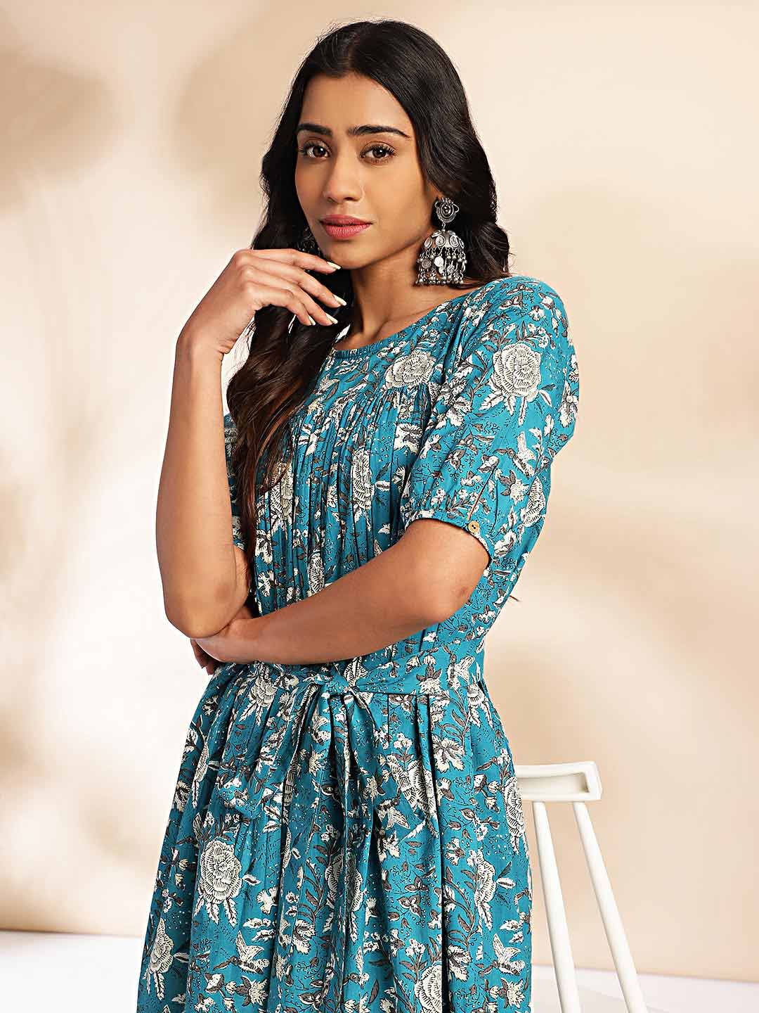 Teal Cotton Floral Empire Dress  - By Janasya