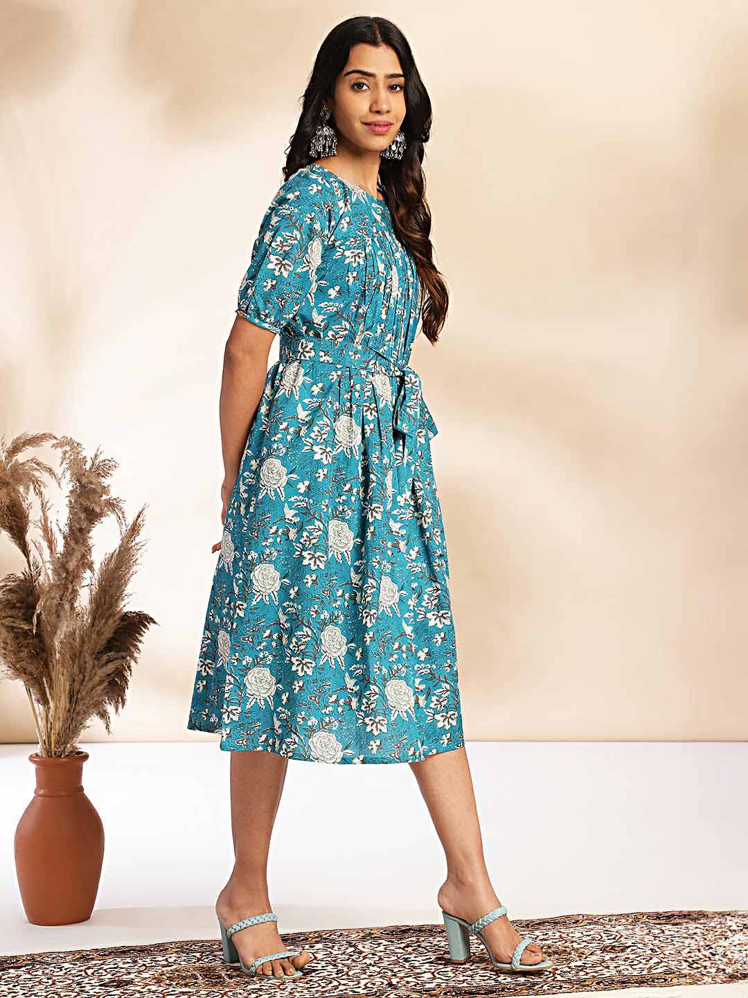 Teal Cotton Floral Empire Dress  - By Janasya