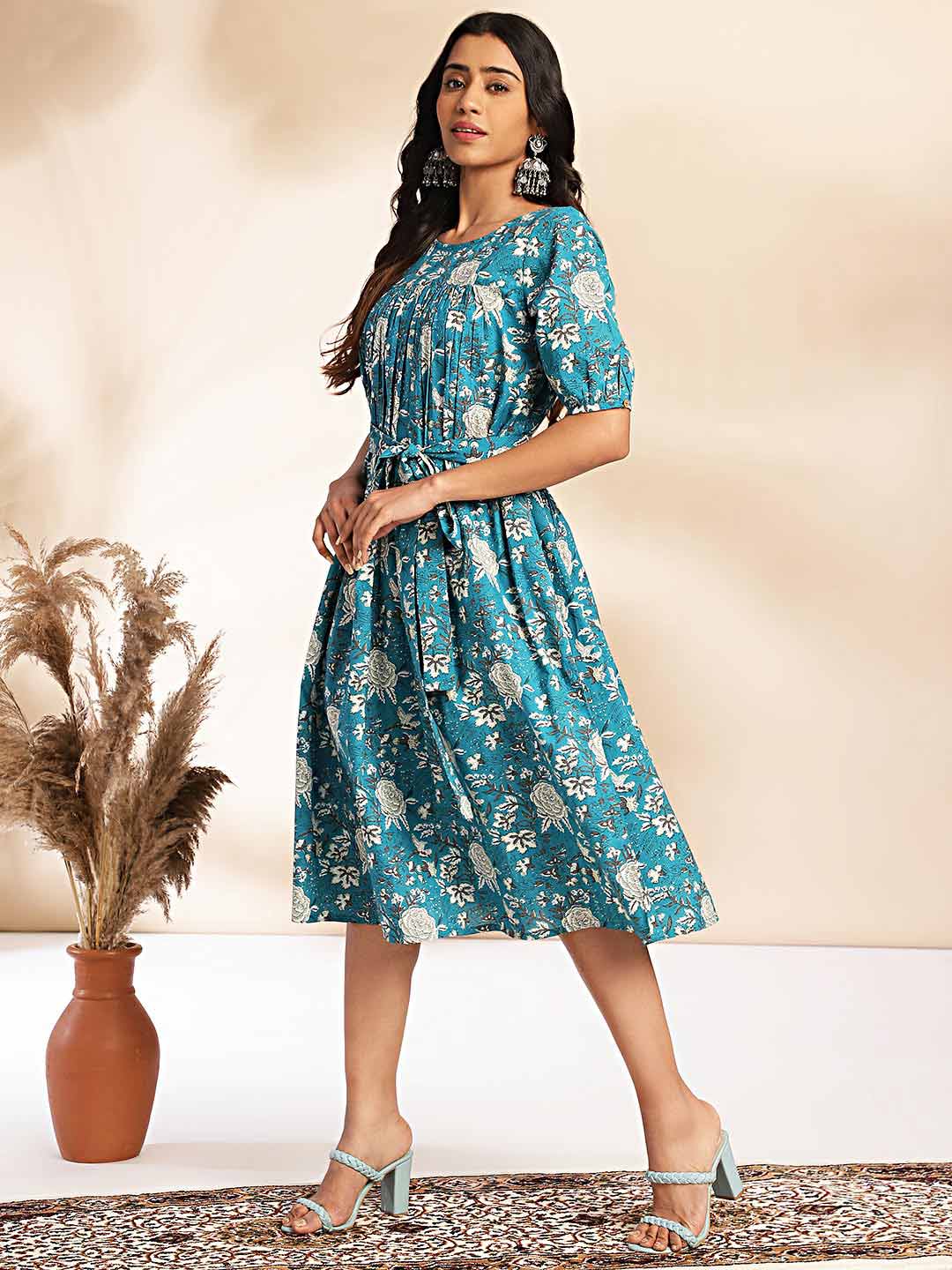 Teal Cotton Floral Empire Dress  - By Janasya