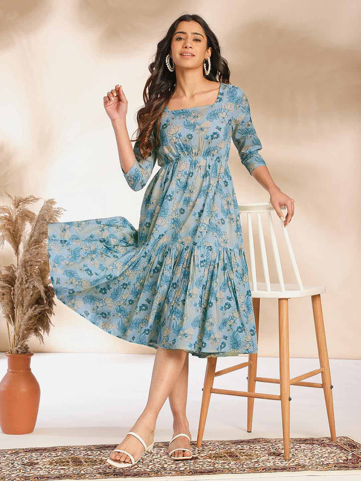 Light Blue Cotton Floral Fit & Flare Dress  - By Janasya