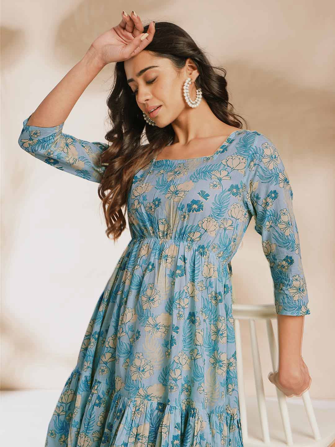 Light Blue Cotton Floral Fit & Flare Dress  - By Janasya