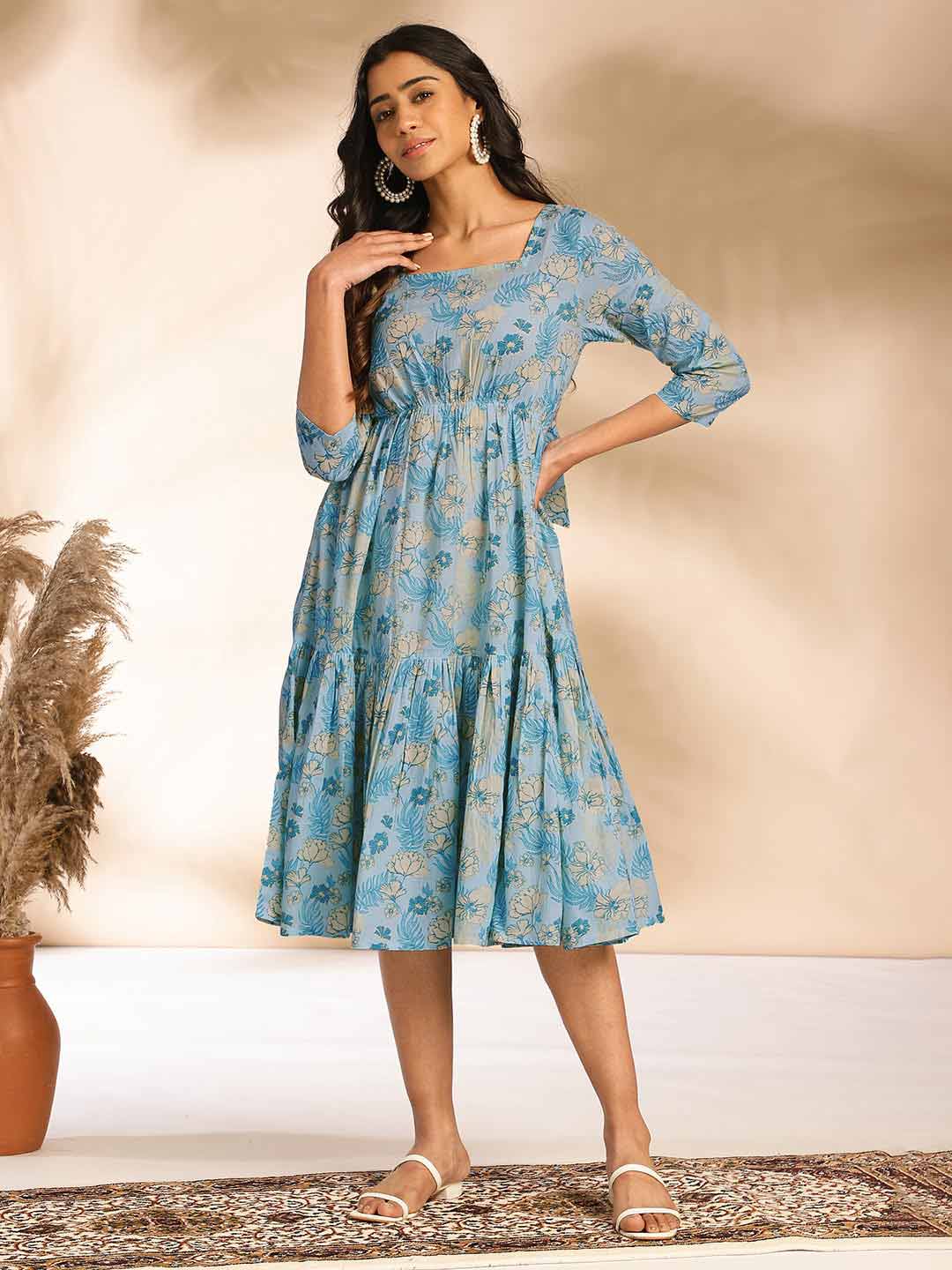 Light Blue Cotton Floral Fit & Flare Dress  - By Janasya