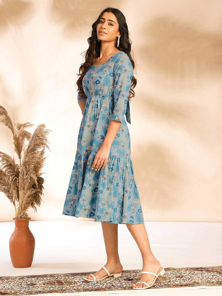 Light Blue Cotton Floral Fit & Flare Dress  - By Janasya