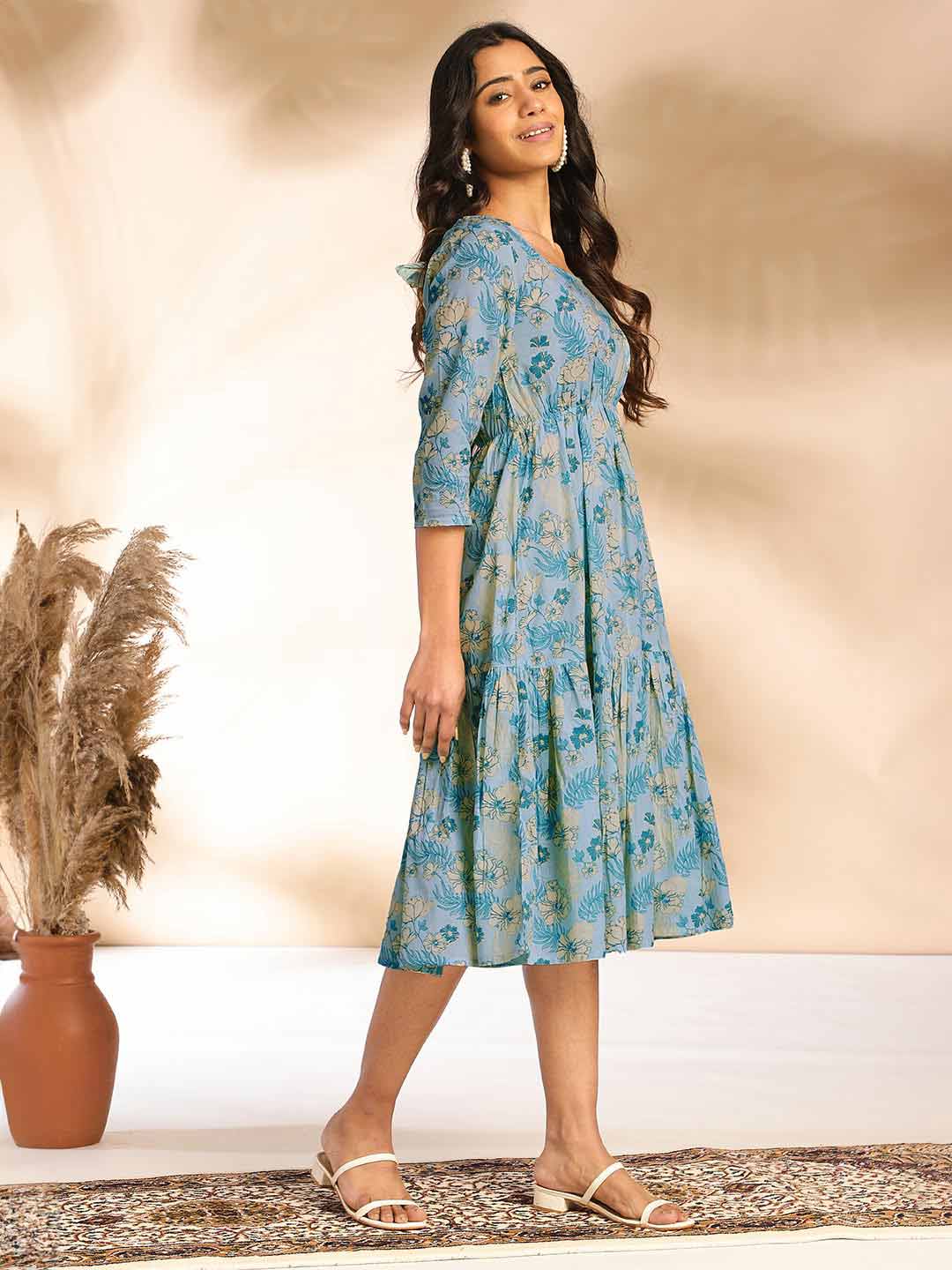 Light Blue Cotton Floral Fit & Flare Dress  - By Janasya