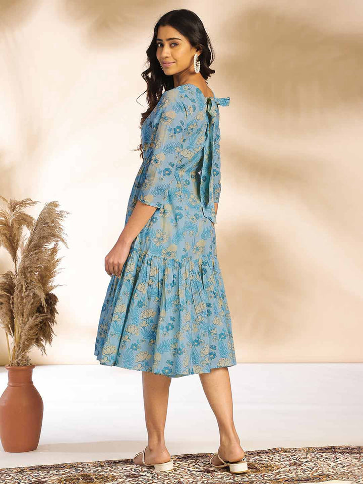 Light Blue Cotton Floral Fit & Flare Dress  - By Janasya