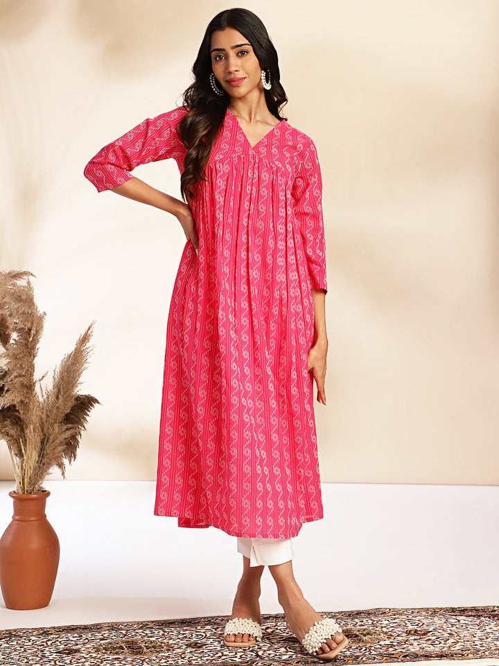 Pink Cotton Woven Design Gathered Kurta  - By Janasya