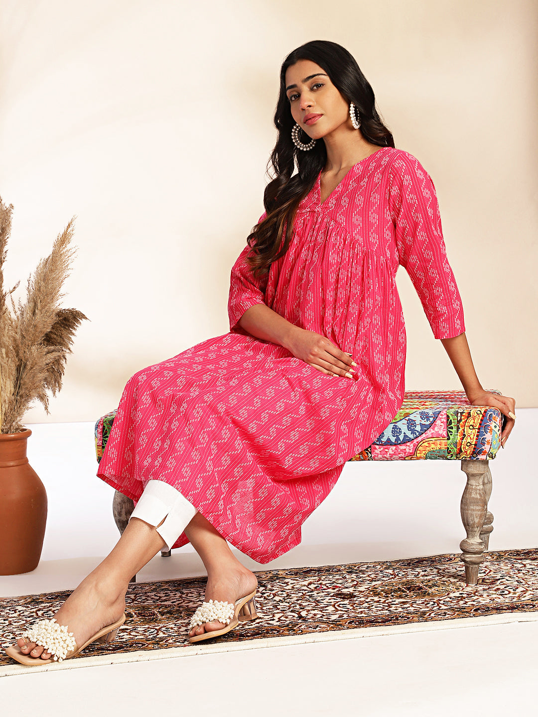 Pink Cotton Woven Design Gathered Kurta  - By Janasya