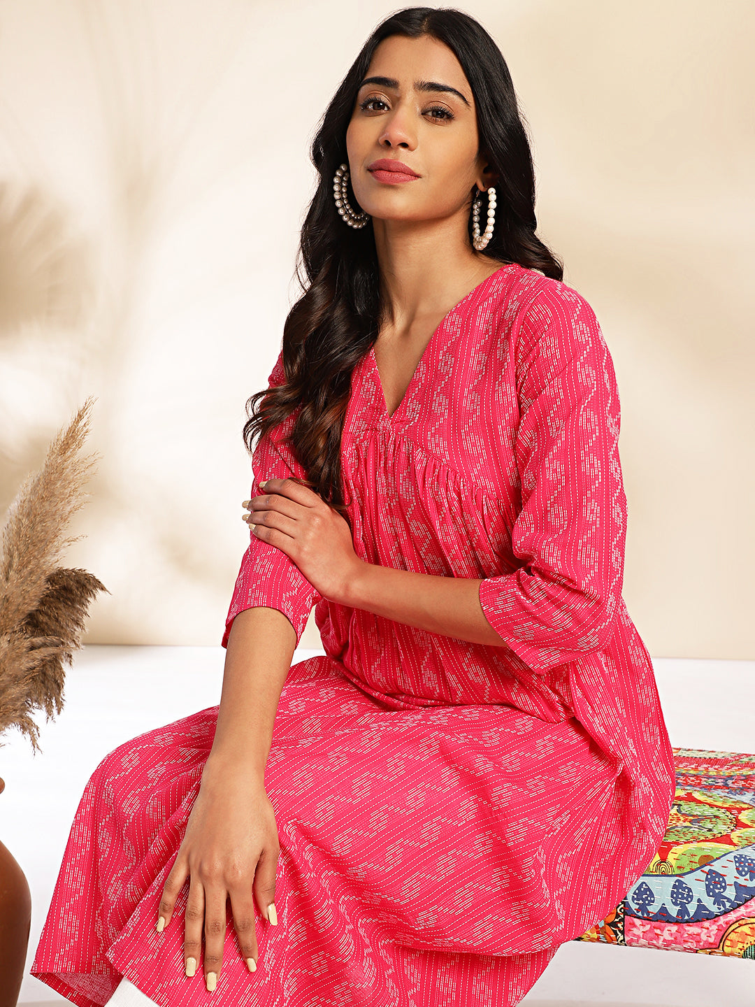 Pink Cotton Woven Design Gathered Kurta  - By Janasya