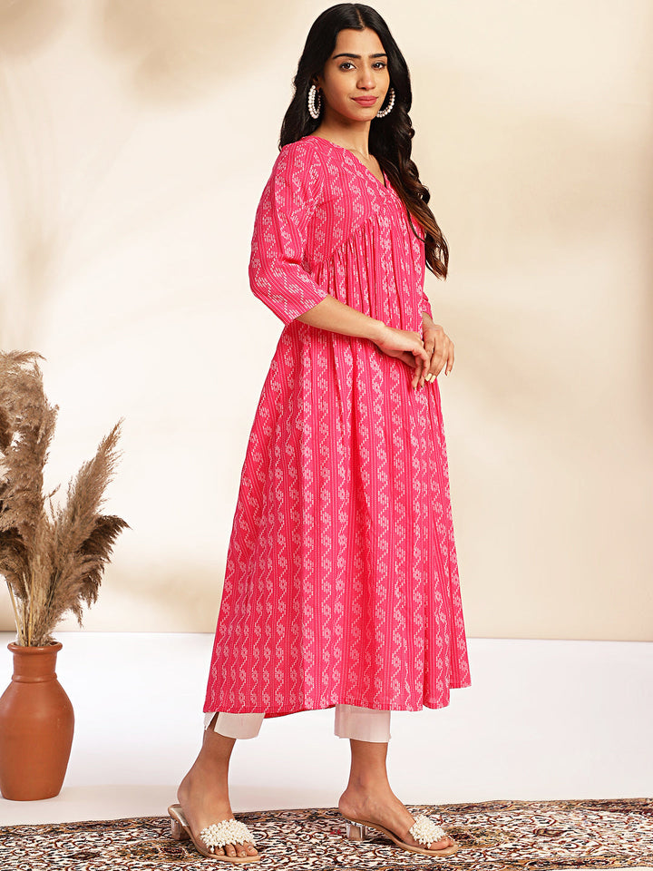 Pink Cotton Woven Design Gathered Kurta  - By Janasya