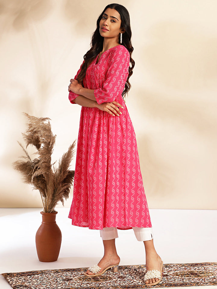 Pink Cotton Woven Design Gathered Kurta  - By Janasya