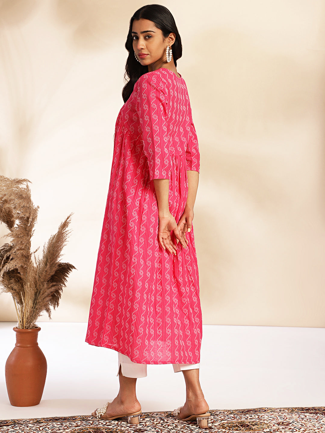 Pink Cotton Woven Design Gathered Kurta  - By Janasya