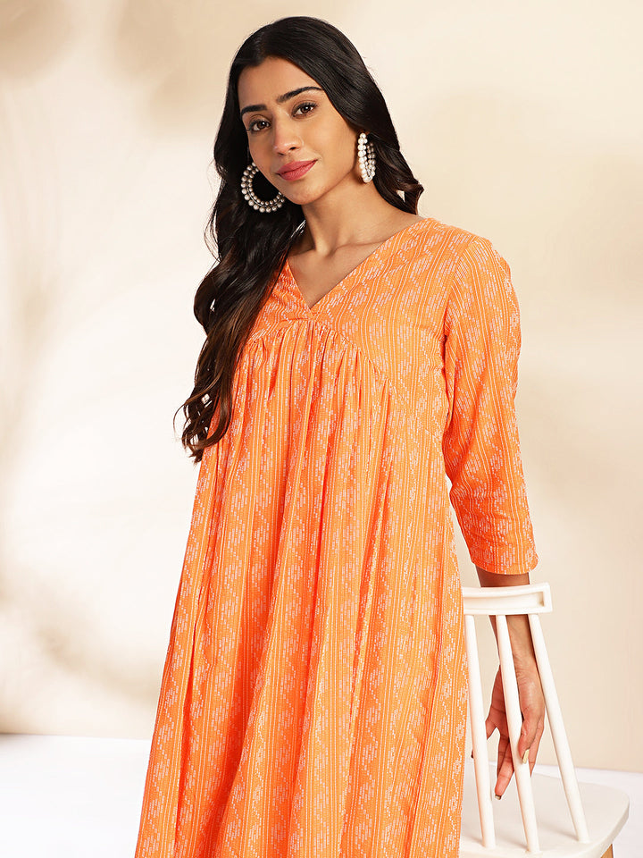 Orange Cotton Woven Design Gathered Kurta  - By Janasya