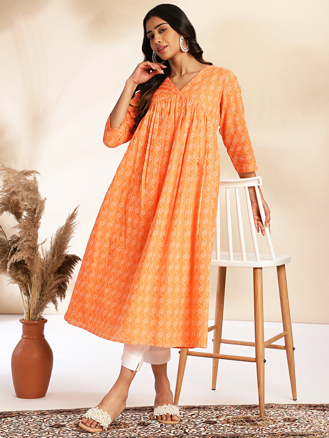 Orange Cotton Woven Design Gathered Kurta  - By Janasya