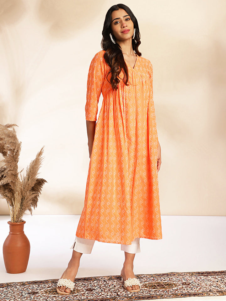 Orange Cotton Woven Design Gathered Kurta  - By Janasya