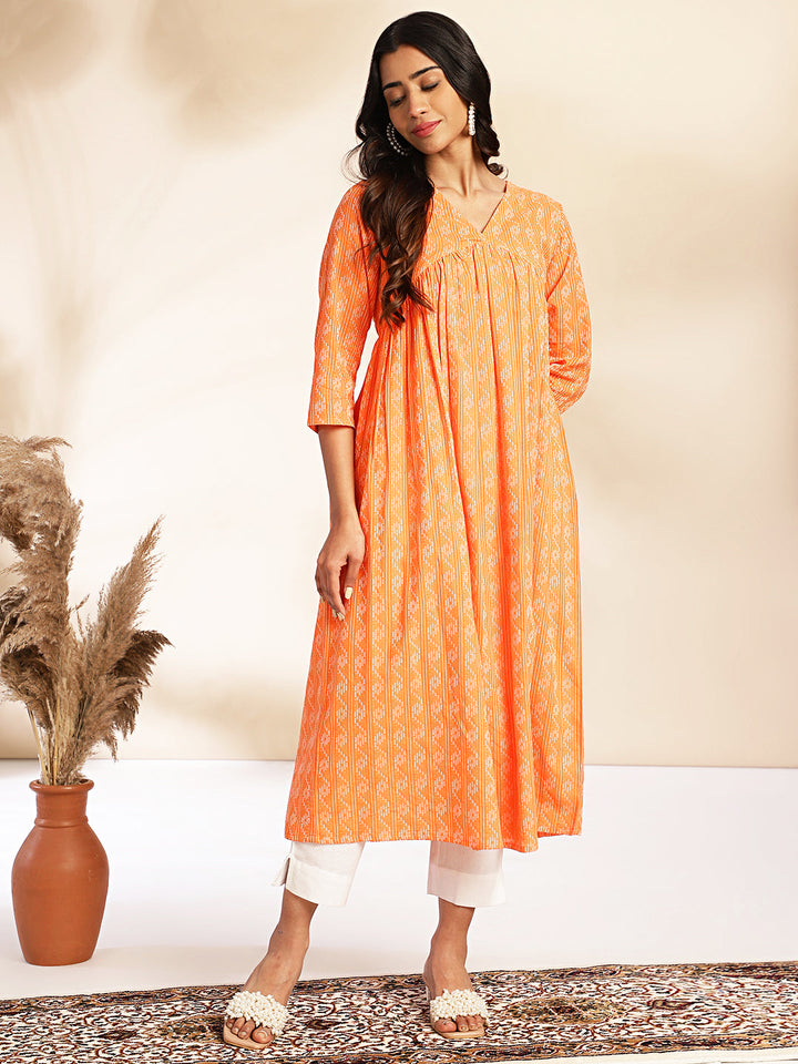 Orange Cotton Woven Design Gathered Kurta  - By Janasya