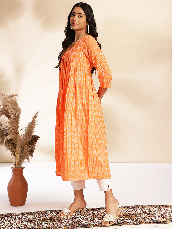 Orange Cotton Woven Design Gathered Kurta  - By Janasya