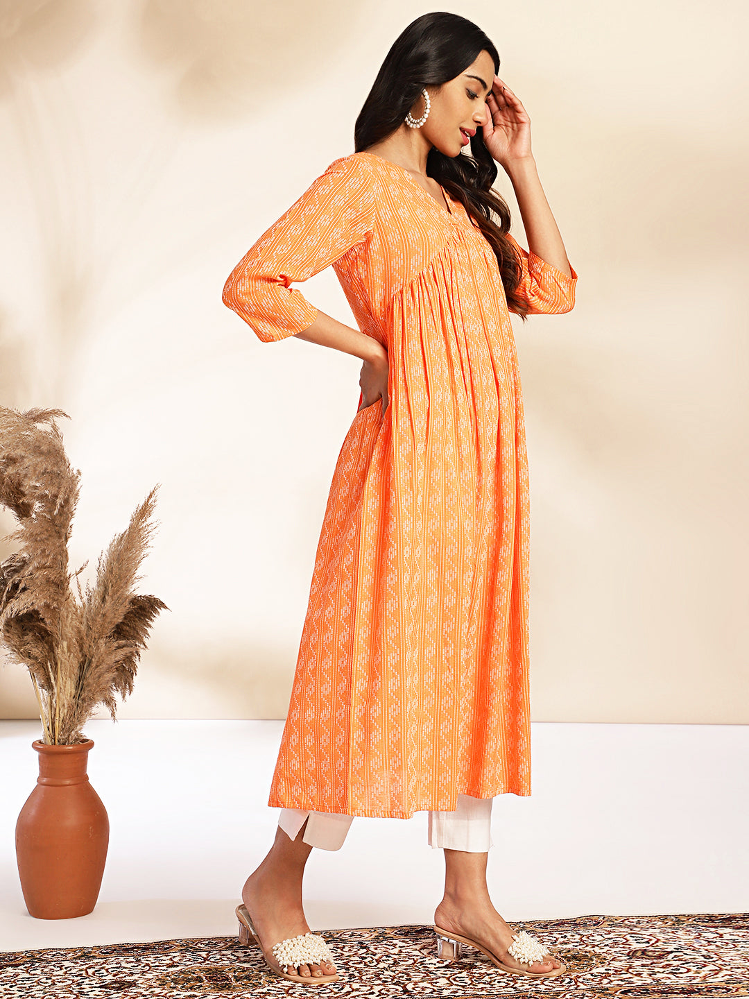 Orange Cotton Woven Design Gathered Kurta  - By Janasya