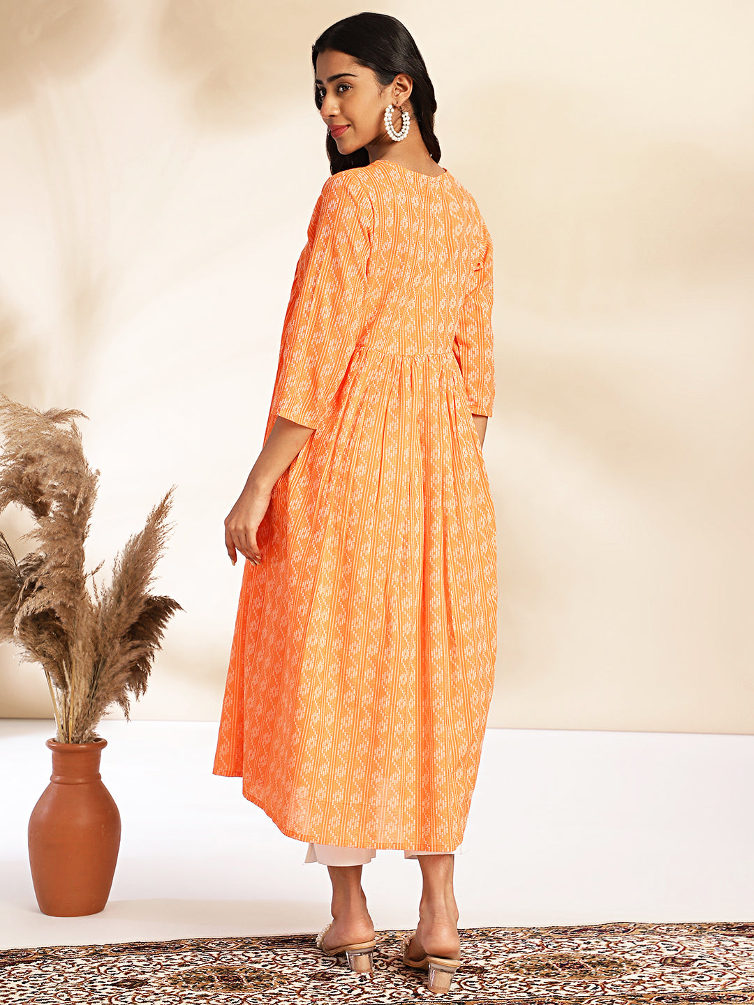 Orange Cotton Woven Design Gathered Kurta  - By Janasya