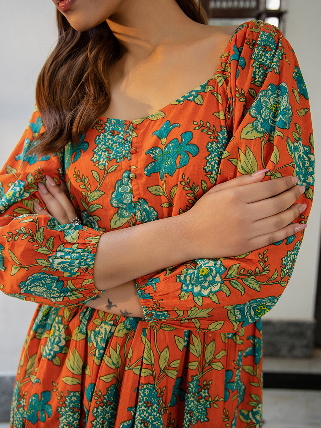 Rust Cotton Floral Fit & Flare Dress  - By Janasya