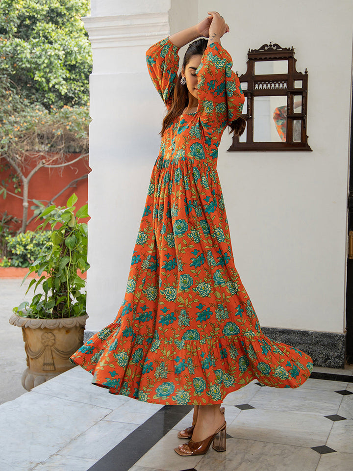 Rust Cotton Floral Fit & Flare Dress  - By Janasya