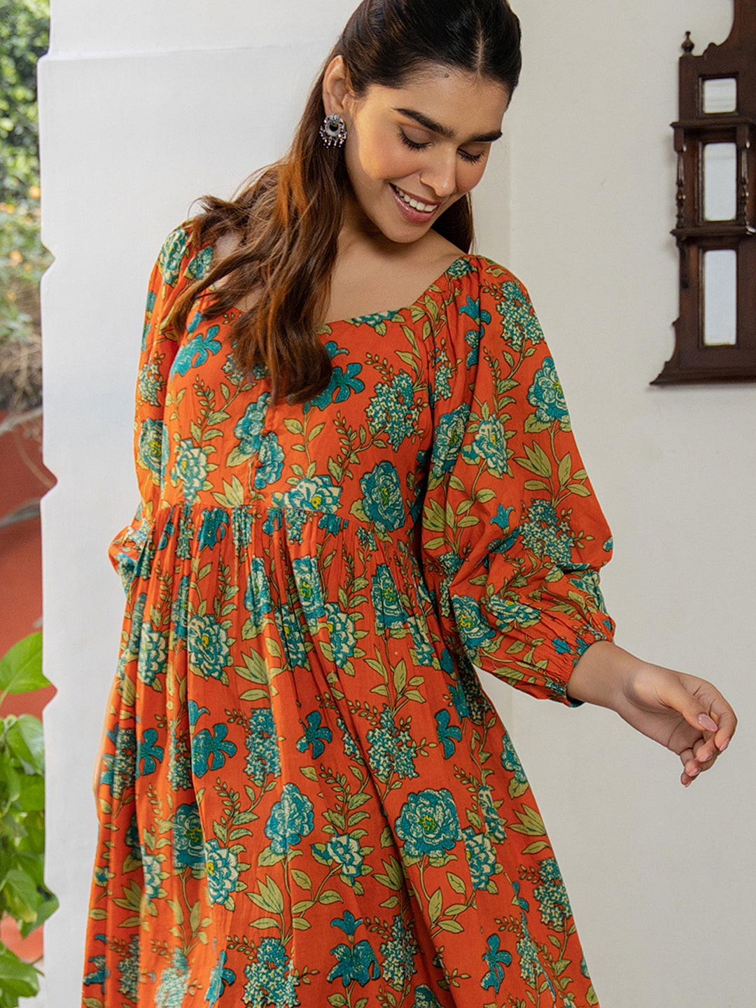 Rust Cotton Floral Fit & Flare Dress  - By Janasya