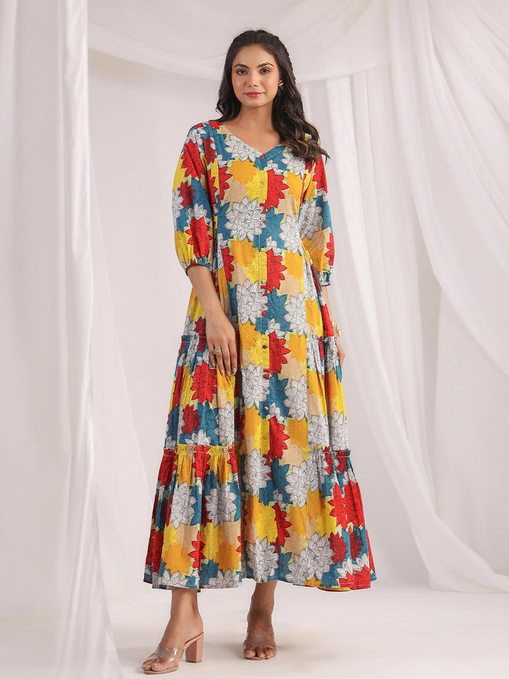 Multicolour Cotton Floral Panelled Flared Dress  - By Janasya