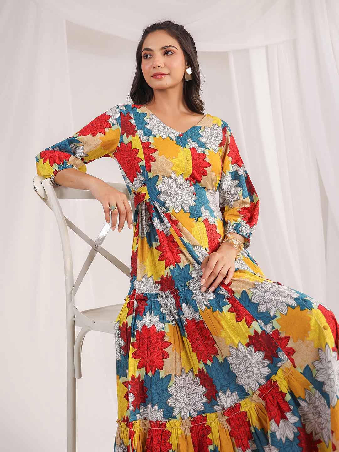 Multicolour Cotton Floral Panelled Flared Dress  - By Janasya