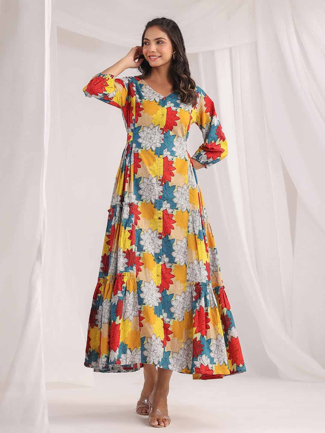 Multicolour Cotton Floral Panelled Flared Dress  - By Janasya