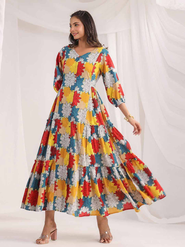 Multicolour Cotton Floral Panelled Flared Dress  - By Janasya