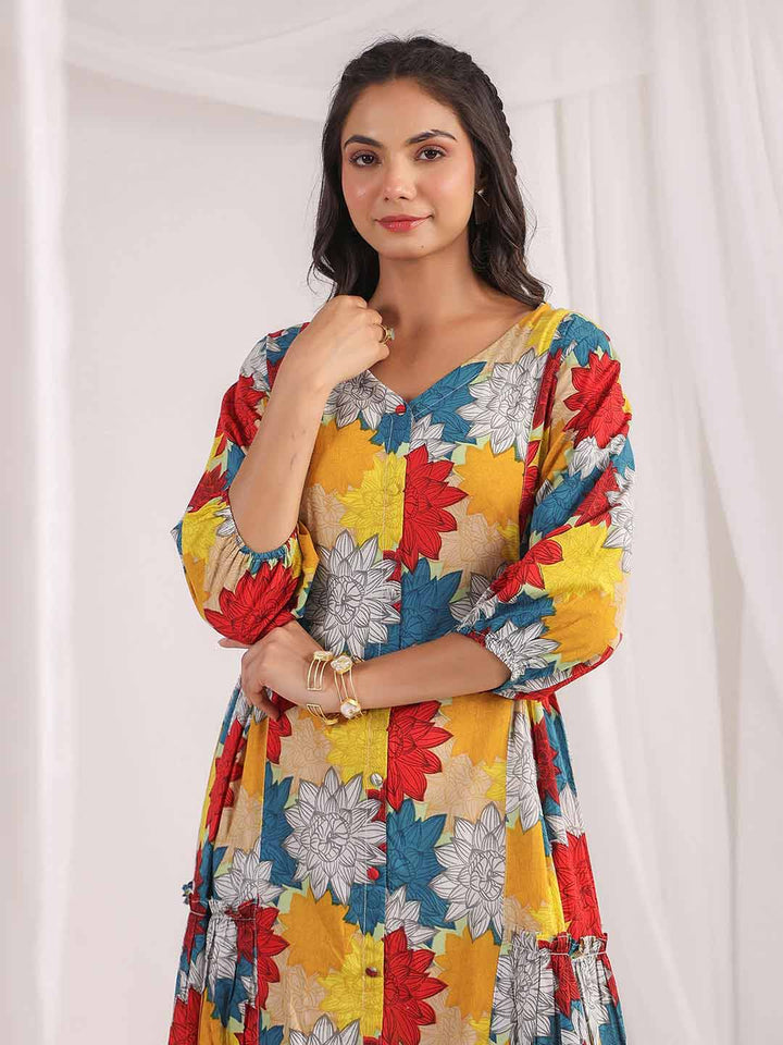 Multicolour Cotton Floral Panelled Flared Dress  - By Janasya