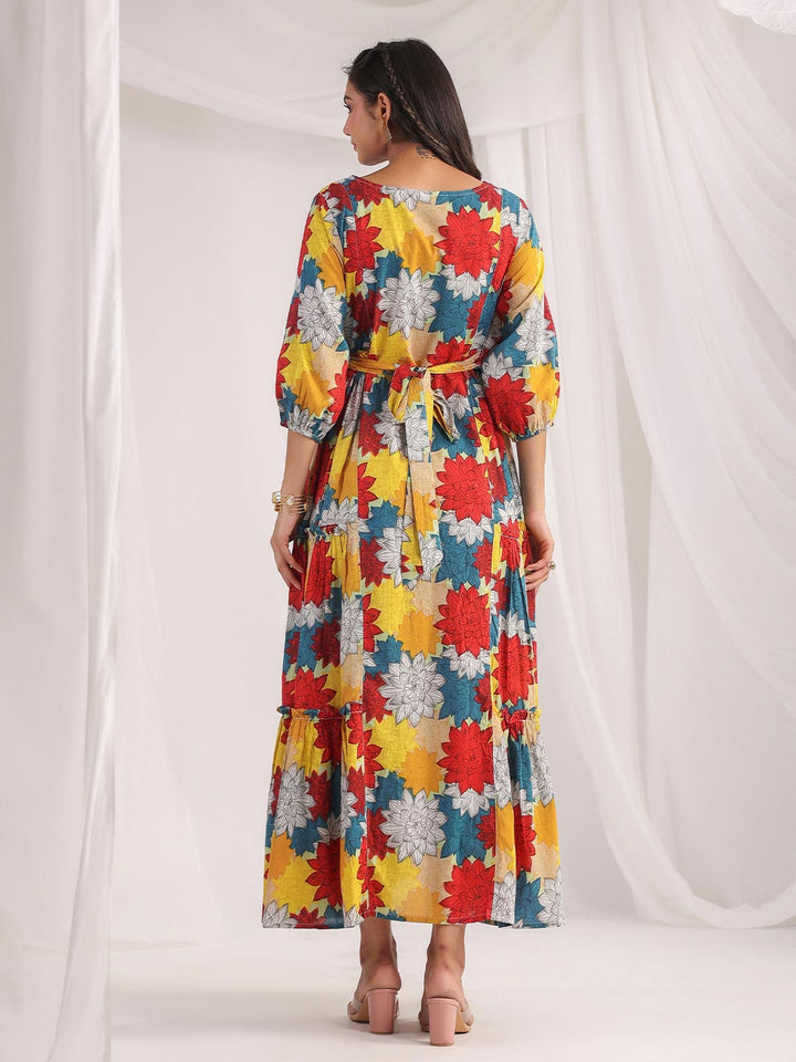 Multicolour Cotton Floral Panelled Flared Dress  - By Janasya