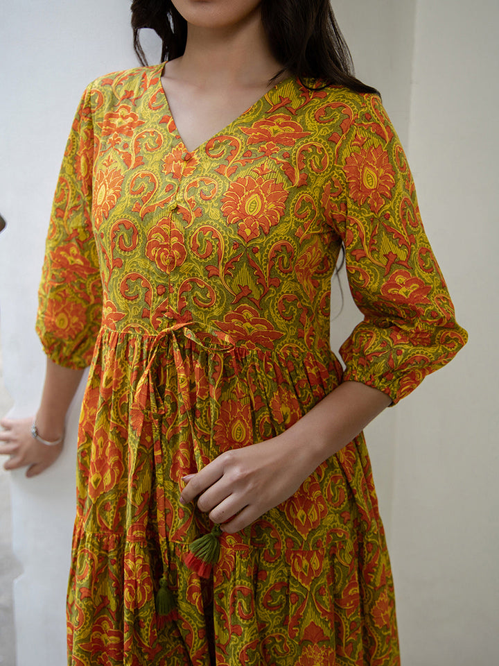 Green Cotton Printed Tiered Dress  - By Janasya