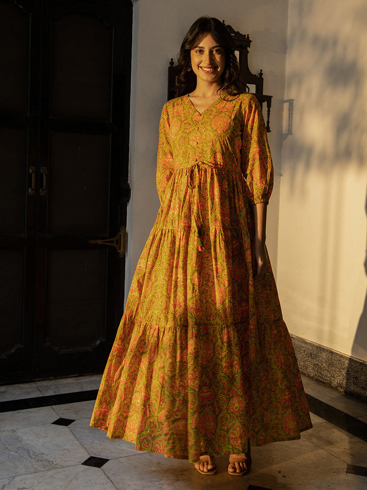 Green Cotton Printed Tiered Dress  - By Janasya