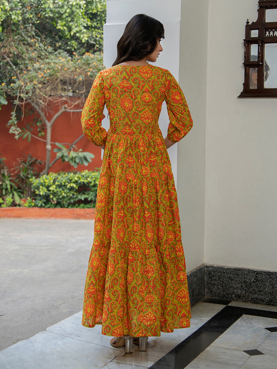 Green Cotton Printed Tiered Dress  - By Janasya